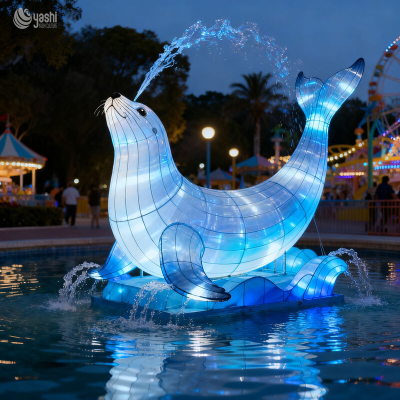 Custom Sea Lion Lantern, Large Floating LED Sea Lion Light Sculpture With Wave Base for Ocean‑Theme Park & Water Light Festival