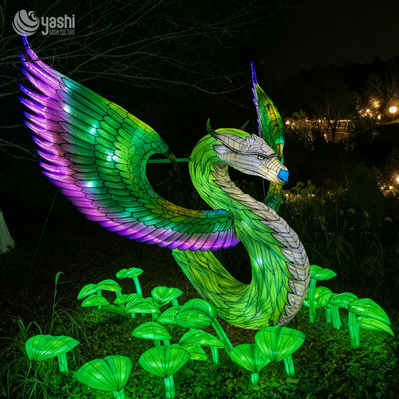 Custom Winged Dragon Lantern, Large Fantasy Mythical Creature LED Light Sculpture for Theme Park & Night Light Festival
