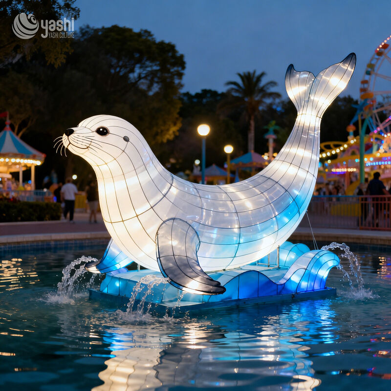 Custom Sea Lion Lantern, Large Floating LED Sea Lion Light Sculpture With Wave Base for Ocean‑Theme Park & Water Light Festival