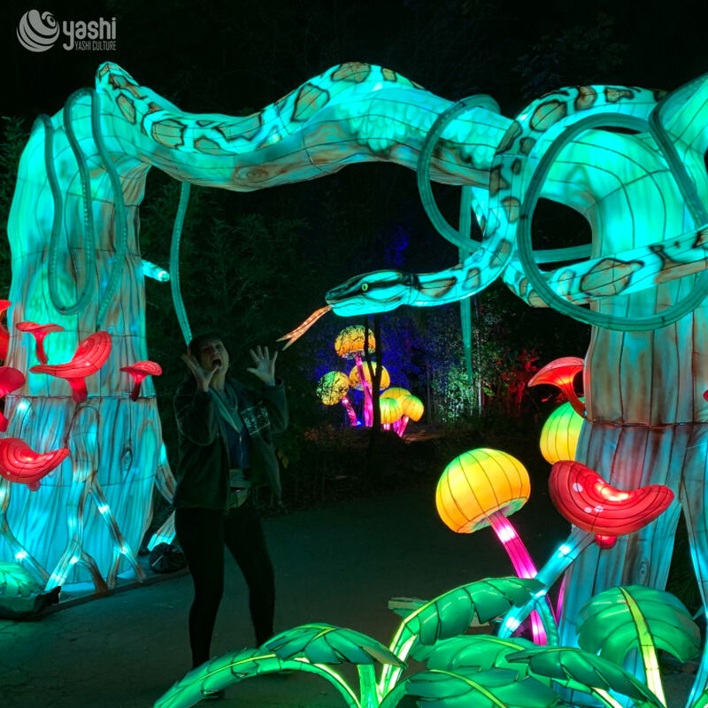 Custom Jungle Python Snake Arch Lantern, Forest Theme Animal LED Walk‑Through Light Arch with Tree & Mushroom for Zoo & Lantern Festival