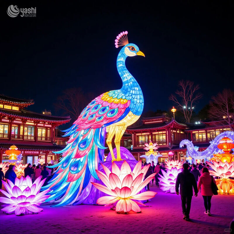 Custom Peacock Lantern, Large LED Peacock Light Sculpture With Open Tail for Outdoor Light Festival & Cultural Events