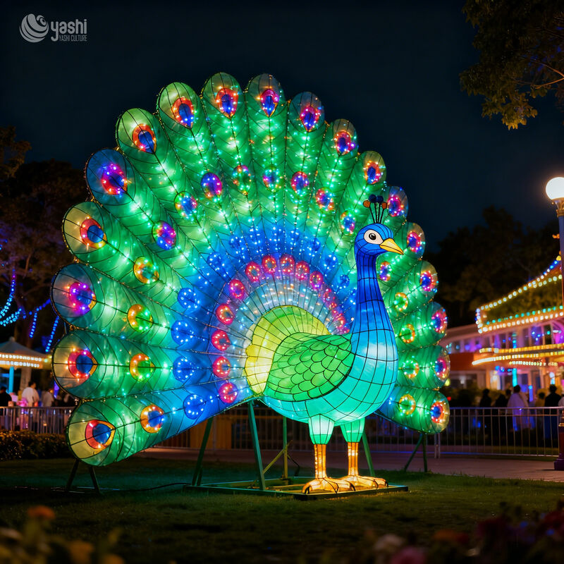 Custom Peacock Lantern, Large LED Peacock Light Sculpture With Open Tail for Outdoor Light Festival & Cultural Events