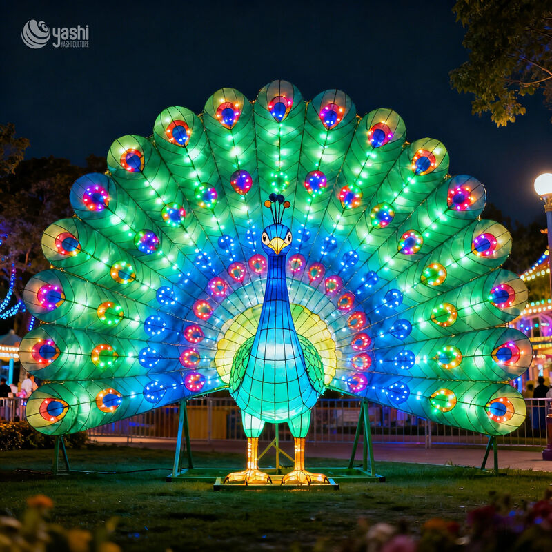 Custom Peacock Lantern, Large LED Peacock Light Sculpture With Open Tail for Outdoor Light Festival & Cultural Events