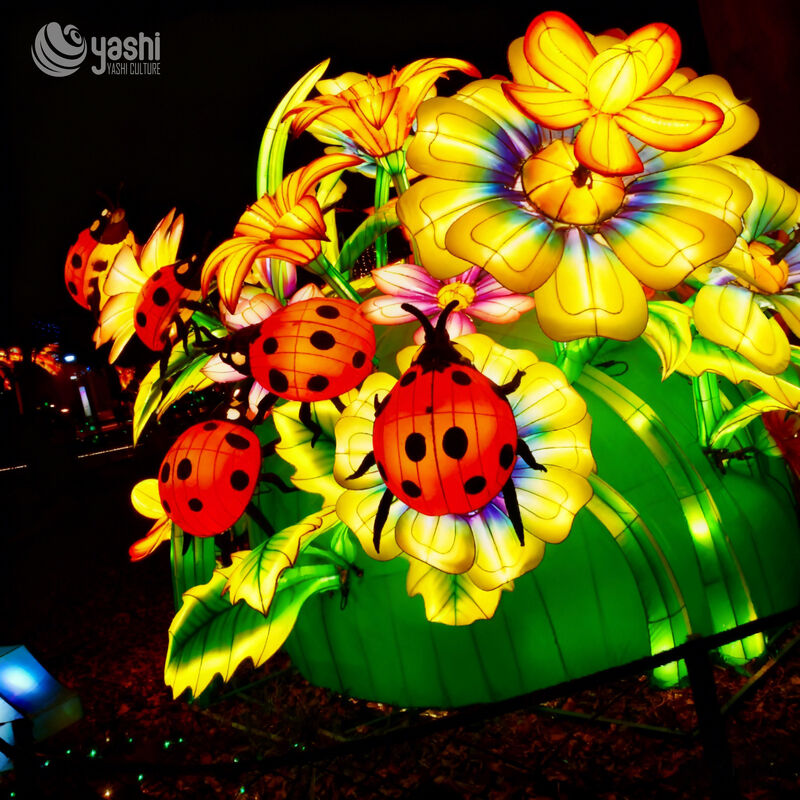 Custom Ladybug & Flower LED Lantern Installation, Garden‑Theme Insect Floral Light Sculpture for Nature Light Festival