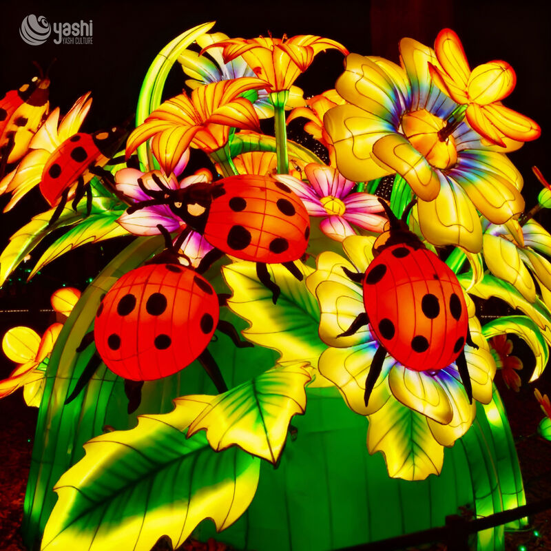 Custom Ladybug & Flower LED Lantern Installation, Garden‑Theme Insect Floral Light Sculpture for Nature Light Festival