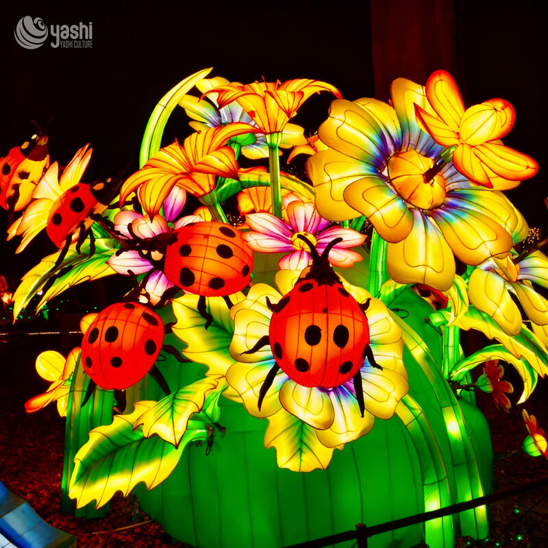 Custom Ladybug & Flower LED Lantern Installation, Garden‑Theme Insect Floral Light Sculpture for Nature Light Festival