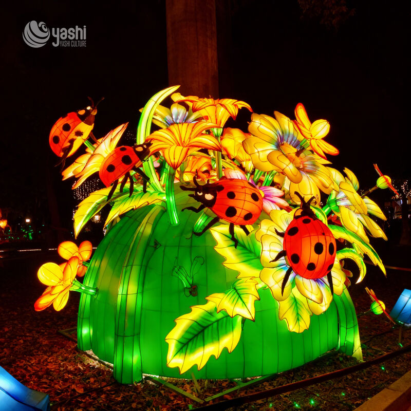 Custom Ladybug & Flower LED Lantern Installation, Garden‑Theme Insect Floral Light Sculpture for Nature Light Festival