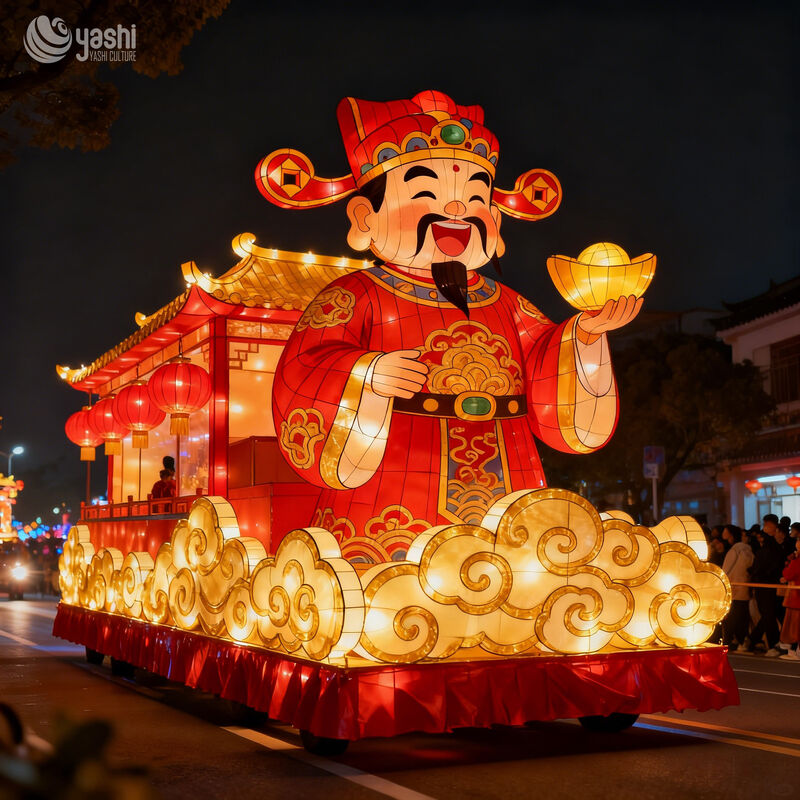 Custom God of Wealth Parade Float Zigong Lantern, Caishen with Golden Ingot LED Light Sculpture, Waterproof Chinese New Year Parade Light Installation