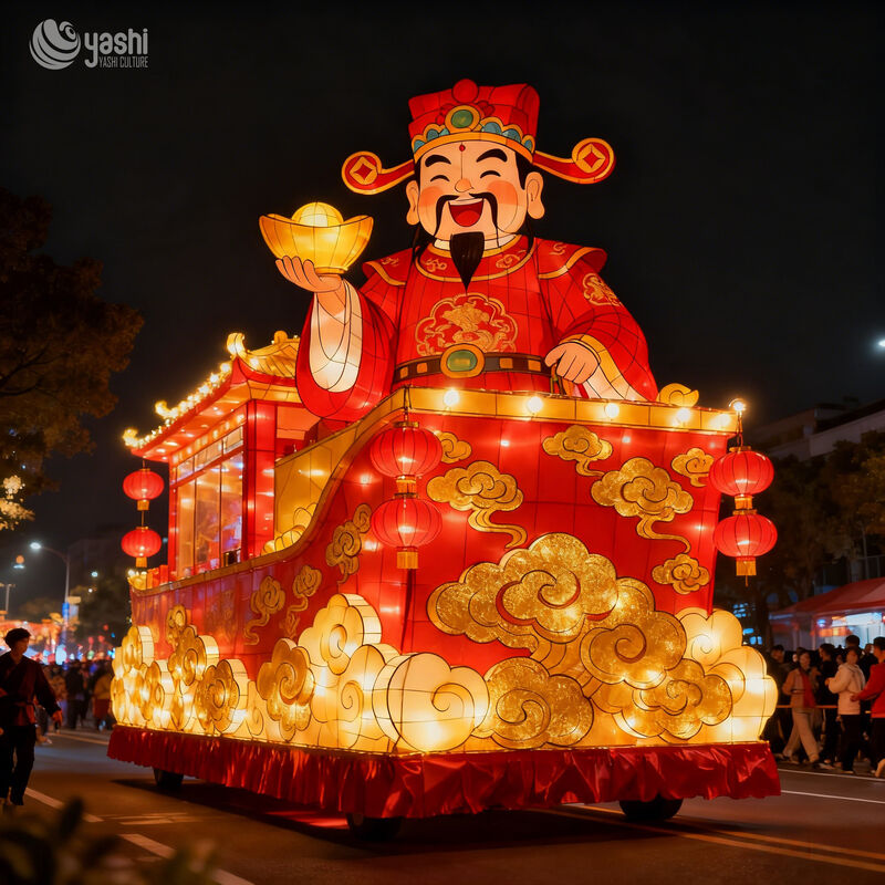 Custom God of Wealth Parade Float Zigong Lantern, Caishen with Golden Ingot LED Light Sculpture, Waterproof Chinese New Year Parade Light Installation