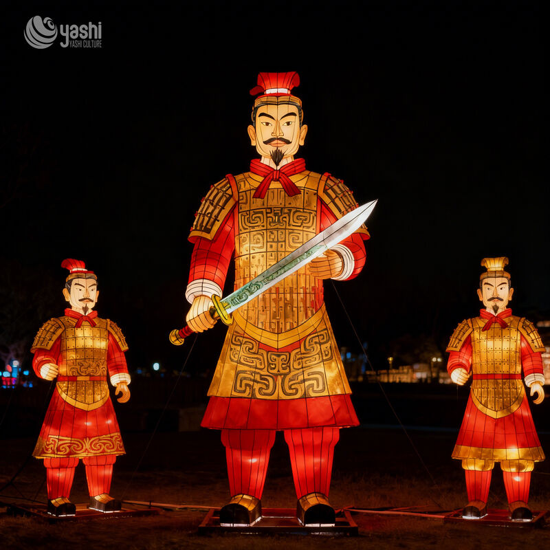 Custom Terracotta Warrior Lantern Set | Ancient Chinese Soldier & Horse LED Light Sculpture for Cultural Theme Exhibition
