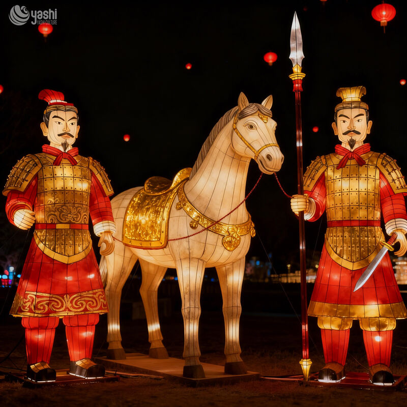 Custom Terracotta Warrior Lantern Set | Ancient Chinese Soldier & Horse LED Light Sculpture for Cultural Theme Exhibition