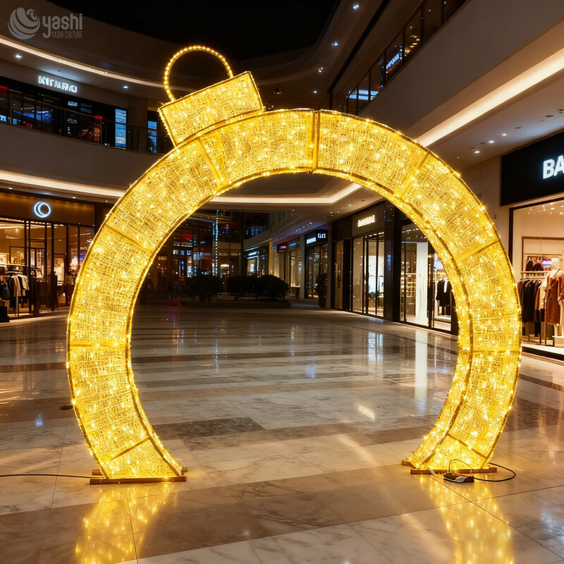 Custom Giant Christmas Bauble LED Light Arch, Golden Ornament Light Tunnel for Shopping Mall Holiday Decor