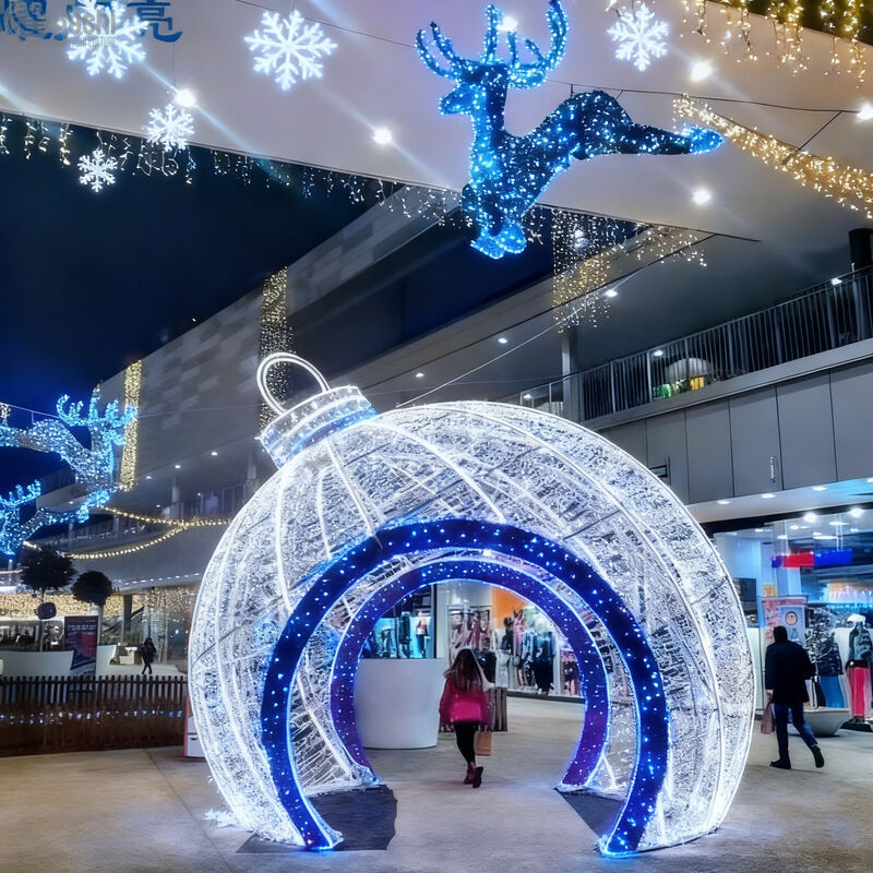 Custom Giant Christmas Bauble LED Light Arch, Golden Ornament Light Tunnel for Shopping Mall Holiday Decor