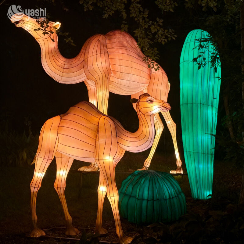 Custom Desert Camel & Cactus Lantern Set, Realistic Animal LED Light Sculpture for Theme Light Festival