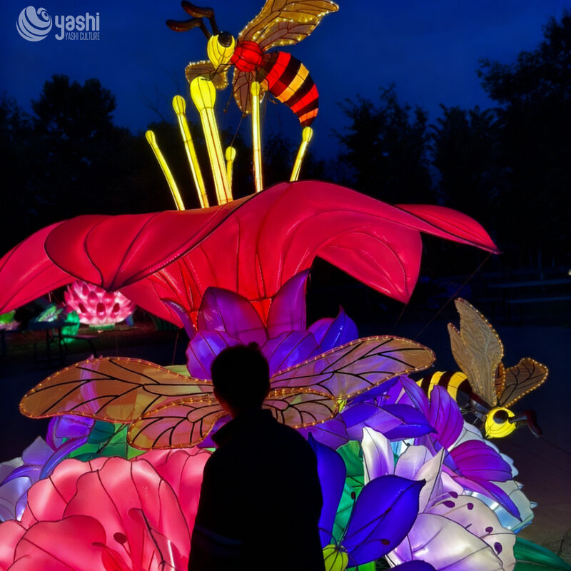 Custom Giant Bee & Flower LED Lantern Set, Insect Floral Light Sculpture for Garden Theme Park Light Festival