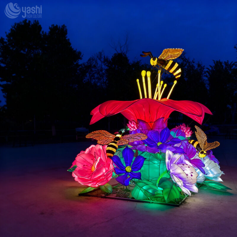 Custom Giant Bee & Flower LED Lantern Set, Insect Floral Light Sculpture for Garden Theme Park Light Festival