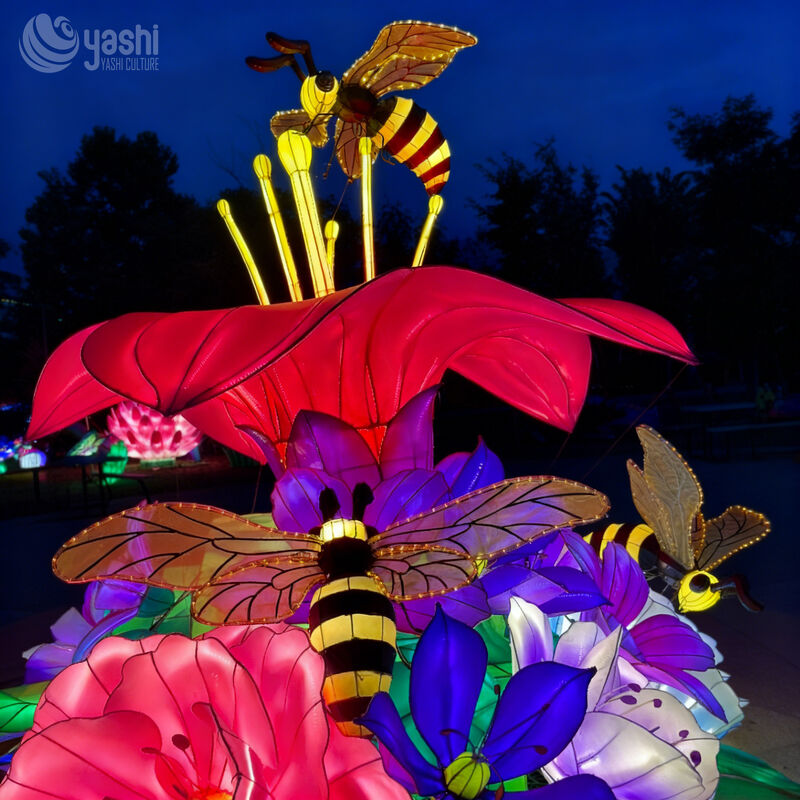Custom Giant Bee & Flower LED Lantern Set, Insect Floral Light Sculpture for Garden Theme Park Light Festival