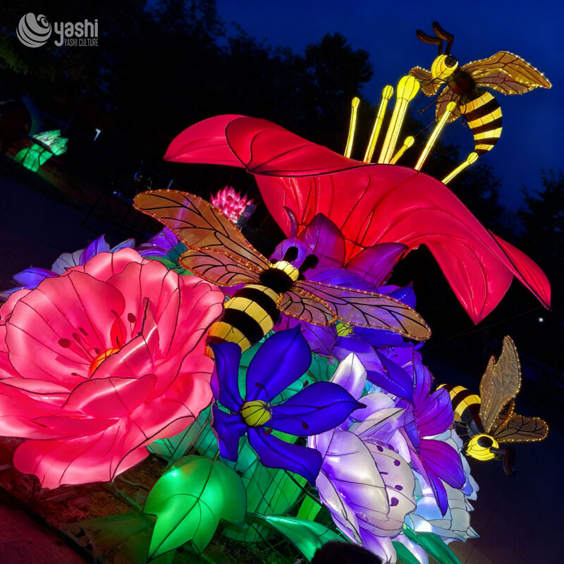 Custom Giant Bee & Flower LED Lantern Set, Insect Floral Light Sculpture for Garden Theme Park Light Festival