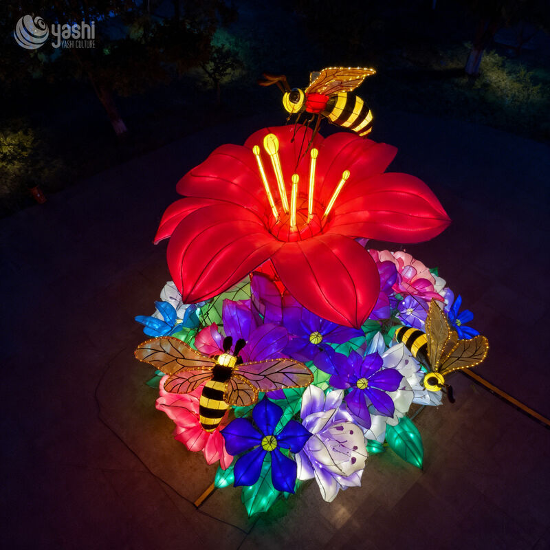 Custom Giant Bee & Flower LED Lantern Set, Insect Floral Light Sculpture for Garden Theme Park Light Festival