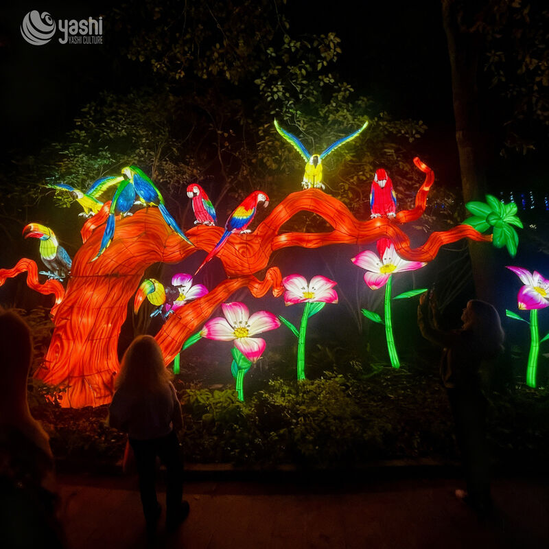 Custom Parrot Tree Scene Lantern Set | Tropical Bird & Flower LED Light Sculpture for Outdoor Light Exhibition