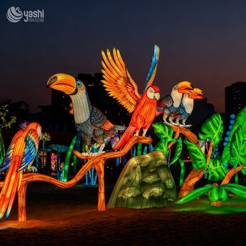 Custom Parrot Tree Scene Lantern Set | Tropical Bird & Flower LED Light Sculpture for Outdoor Light Exhibition