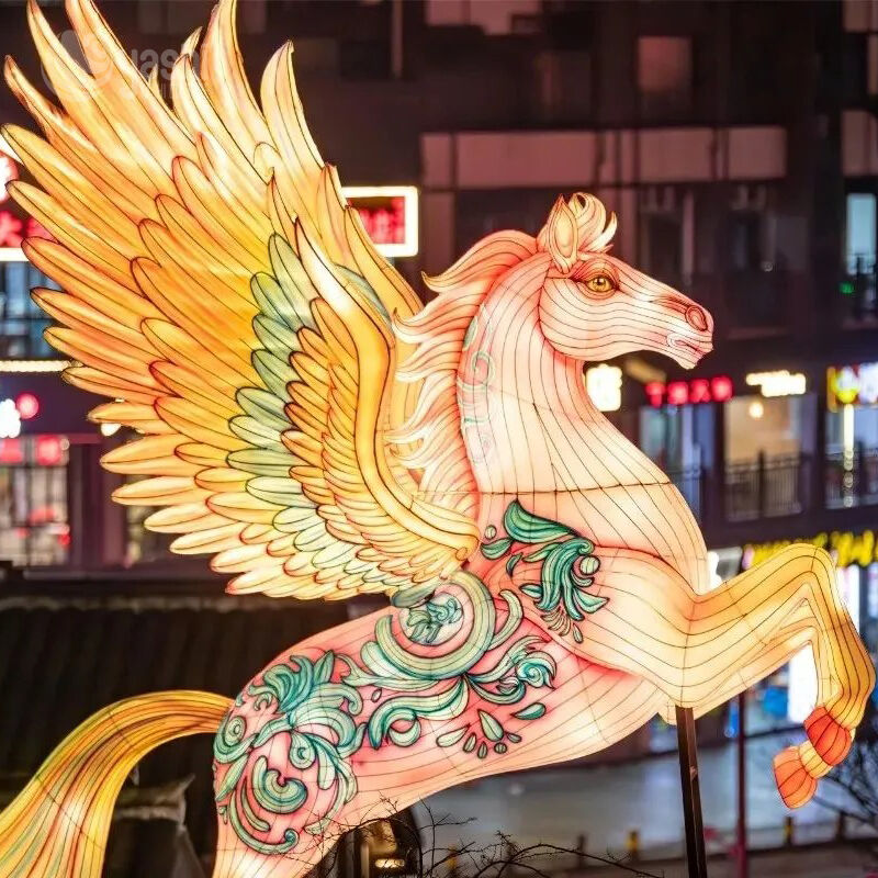 Custom Giant Winged Pegasus LED Lantern, Mythological Flying Horse Light Sculpture for Theme Park Lantern Show