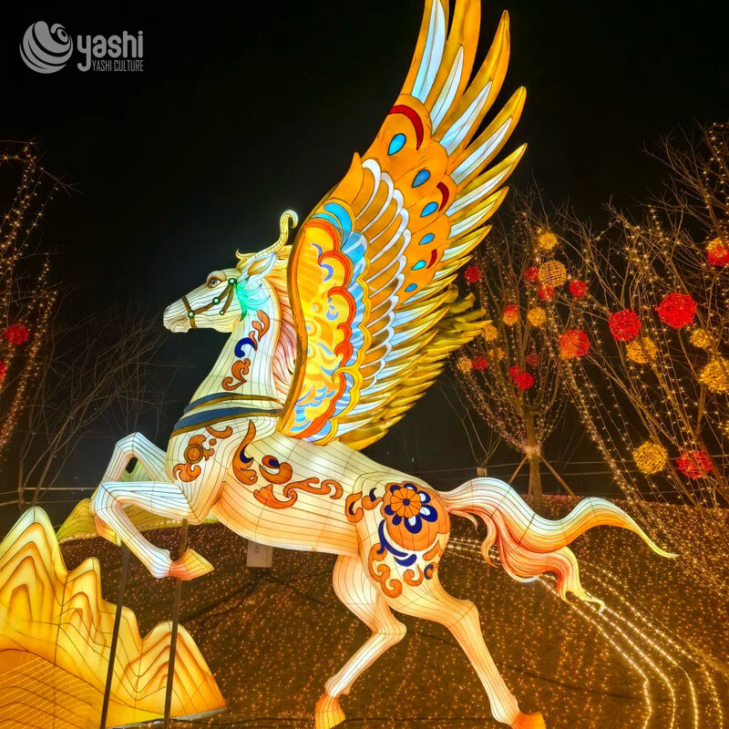 Custom Giant Winged Pegasus LED Lantern, Mythological Flying Horse Light Sculpture for Theme Park Lantern Show