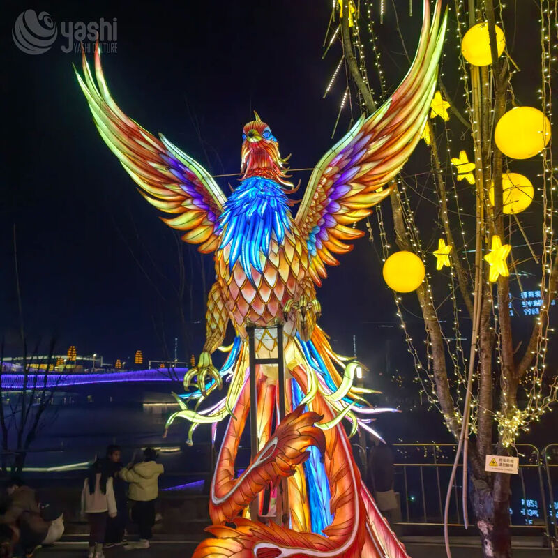 Custom Giant Chinese Phoenix LED Lantern, Colorful Mythical Bird Light Sculpture for Large Lantern Festival