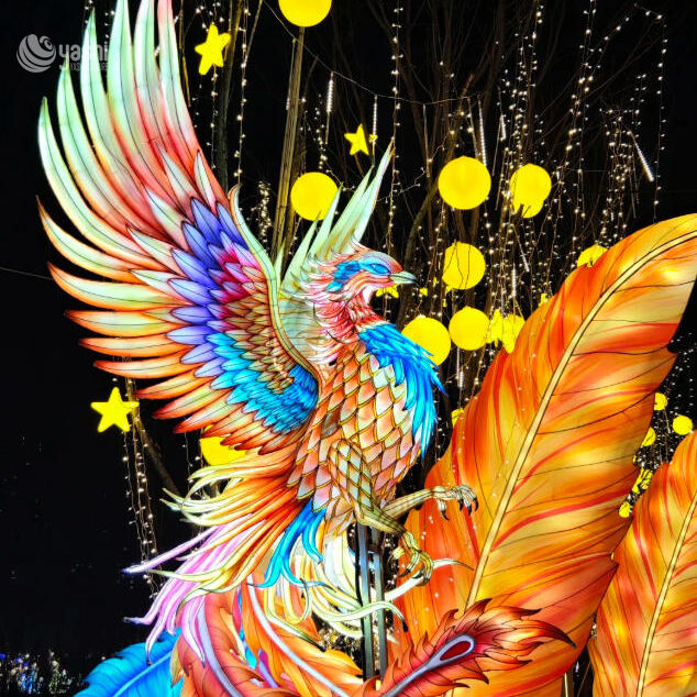 Custom Double Phoenix Landscape Zigong Lantern Set, Chinese Phoenix with Mountain & Moon LED Light Sculpture, Waterproof Large‑Scale Water Surface Festival Light Installation