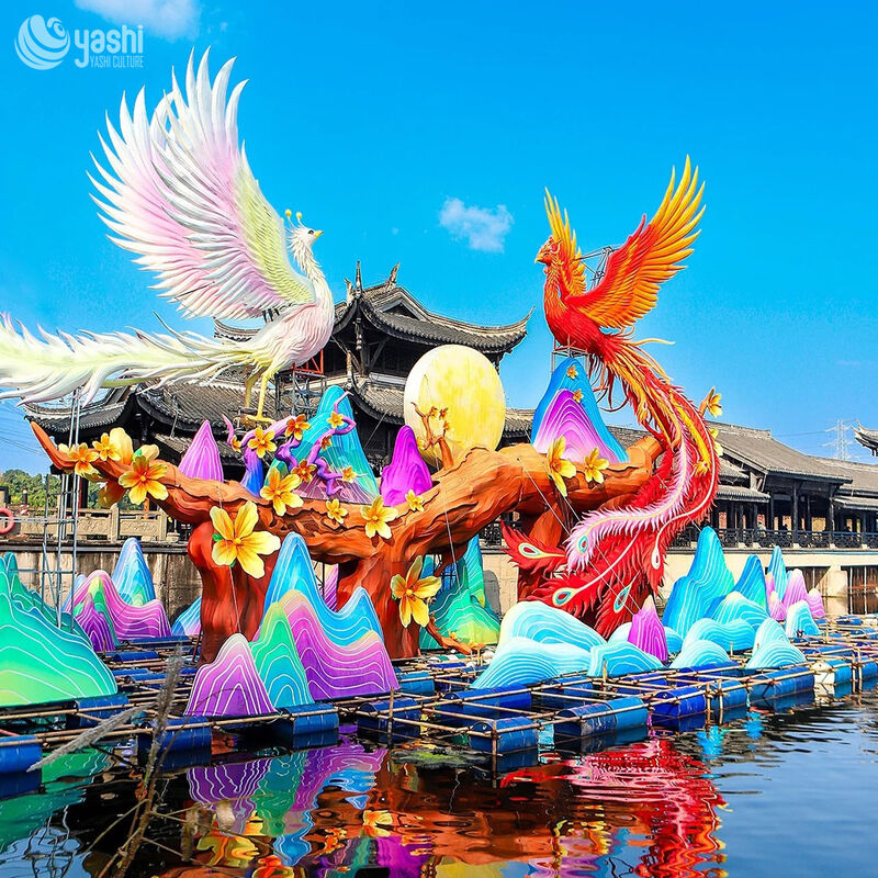 Custom Double Phoenix Landscape Zigong Lantern Set, Chinese Phoenix with Mountain & Moon LED Light Sculpture, Waterproof Large‑Scale Water Surface Festival Light Installation