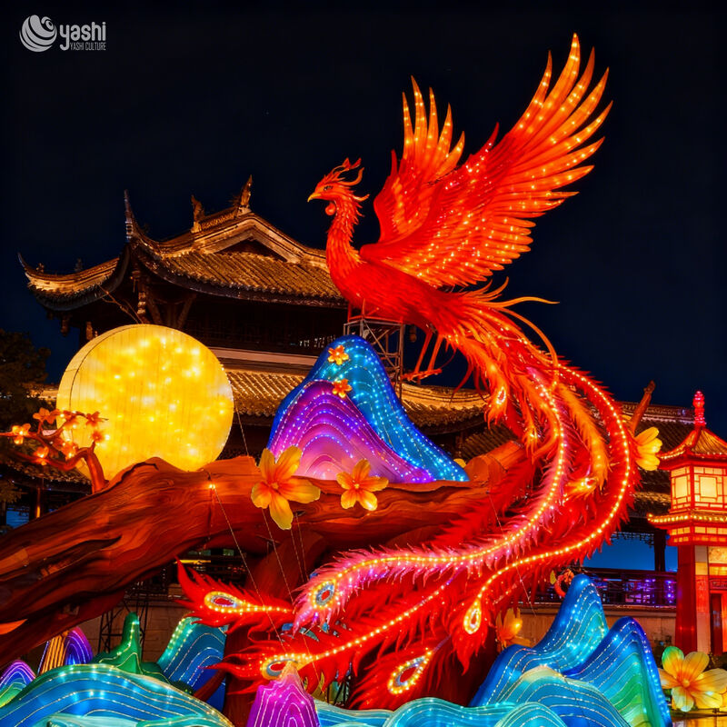 Custom Double Phoenix Landscape Zigong Lantern Set, Chinese Phoenix with Mountain & Moon LED Light Sculpture, Waterproof Large‑Scale Water Surface Festival Light Installation