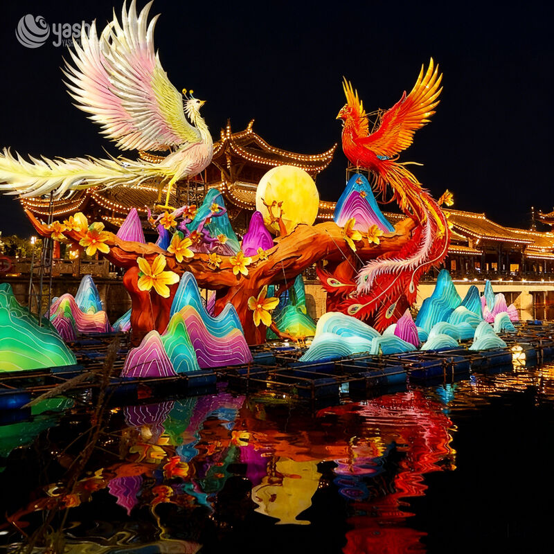 Custom Double Phoenix Landscape Zigong Lantern Set, Chinese Phoenix with Mountain & Moon LED Light Sculpture, Waterproof Large‑Scale Water Surface Festival Light Installation