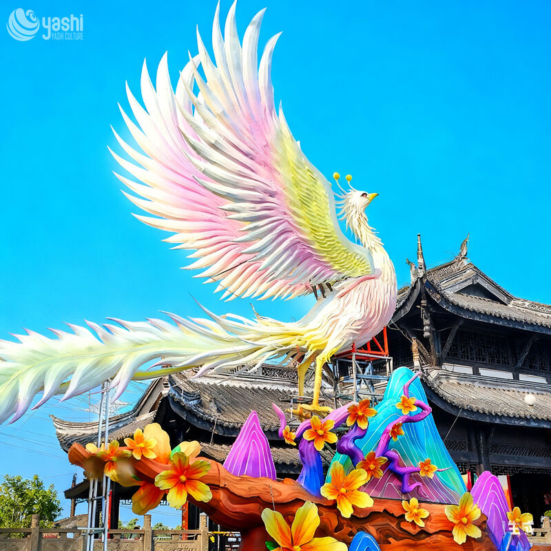 Custom Double Phoenix Landscape Zigong Lantern Set, Chinese Phoenix with Mountain & Moon LED Light Sculpture, Waterproof Large‑Scale Water Surface Festival Light Installation