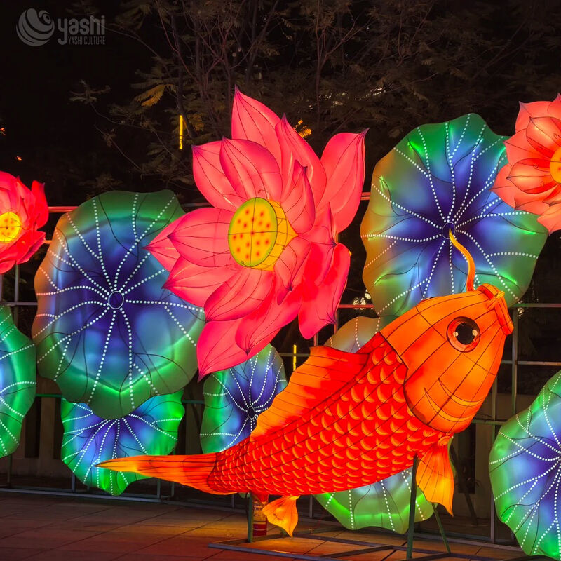 Custom Koi Fish & Lotus LED Lantern Set, Carp With Lotus Leaf Light Sculpture for Chinese New Year Lantern Festival
