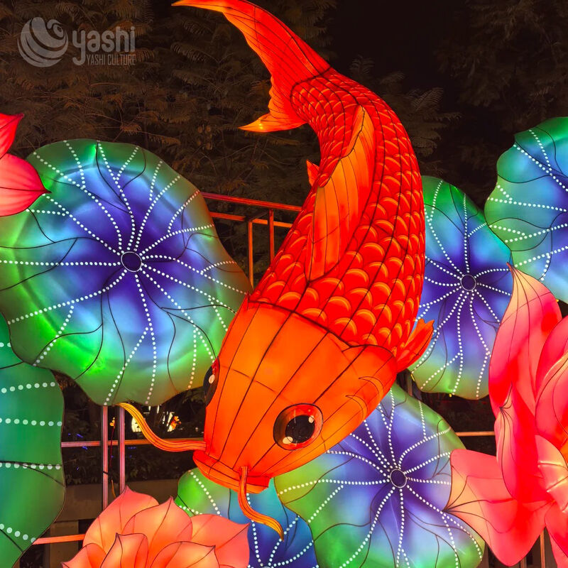 Custom Koi Fish & Lotus LED Lantern Set, Carp With Lotus Leaf Light Sculpture for Chinese New Year Lantern Festival