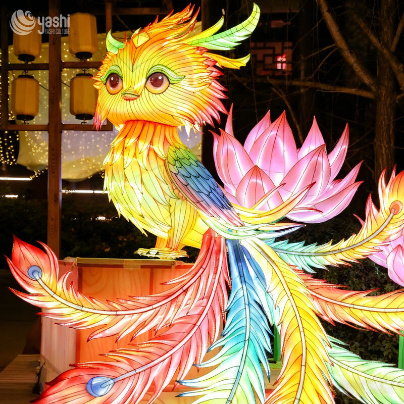 Custom Chinese Mythical Phoenix LED Lantern, Colorful Phoenix Light Sculpture With Lotus for Cultural Light Festival