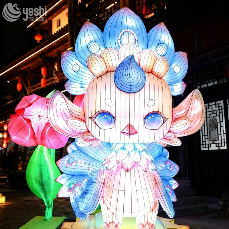 Custom Chinese Mythical Phoenix LED Lantern, Colorful Phoenix Light Sculpture With Lotus for Cultural Light Festival