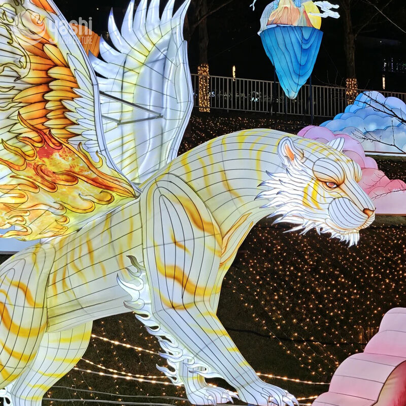 Custom Winged Tiger Mythical Beast LED Lantern, Fantasy Winged Tiger Light Sculpture for Theme Park Light Festival