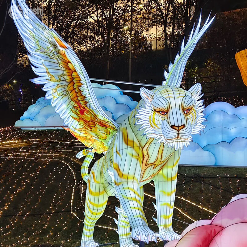Custom Winged Tiger Mythical Beast LED Lantern, Fantasy Winged Tiger Light Sculpture for Theme Park Light Festival