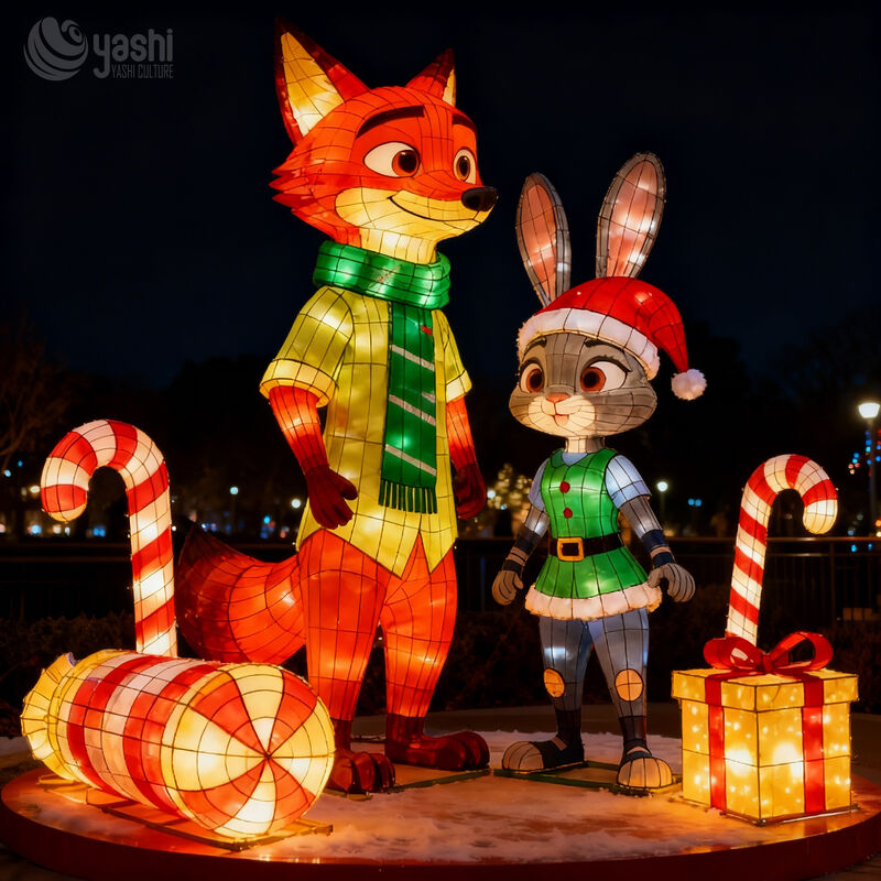 Custom Cartoon Fox & Rabbit Christmas LED Lantern Set, Character Light Sculptures for Christmas Theme Park Exhibition
