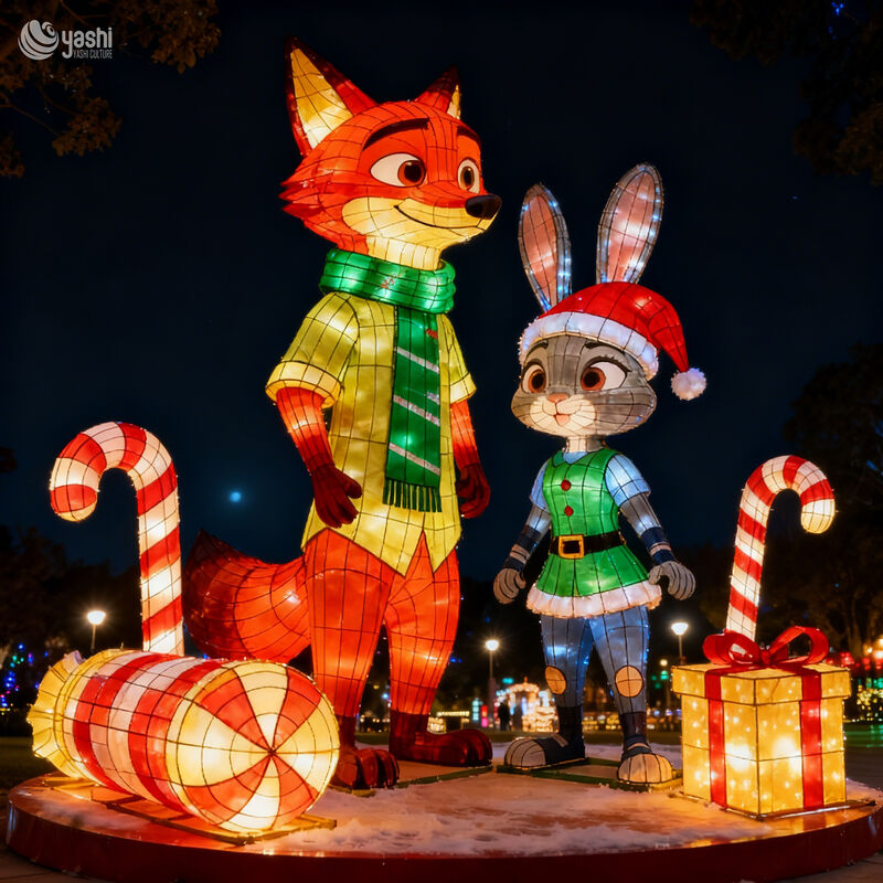 Custom Cartoon Fox & Rabbit Christmas LED Lantern Set, Character Light Sculptures for Christmas Theme Park Exhibition