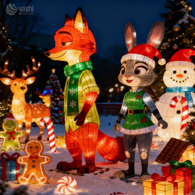 Custom Cartoon Fox & Rabbit Christmas LED Lantern Set, Character Light Sculptures for Christmas Theme Park Exhibition
