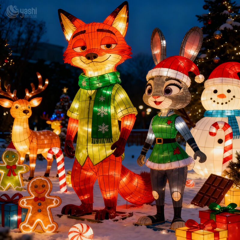 Custom Cartoon Fox & Rabbit Christmas LED Lantern Set, Character Light Sculptures for Christmas Theme Park Exhibition