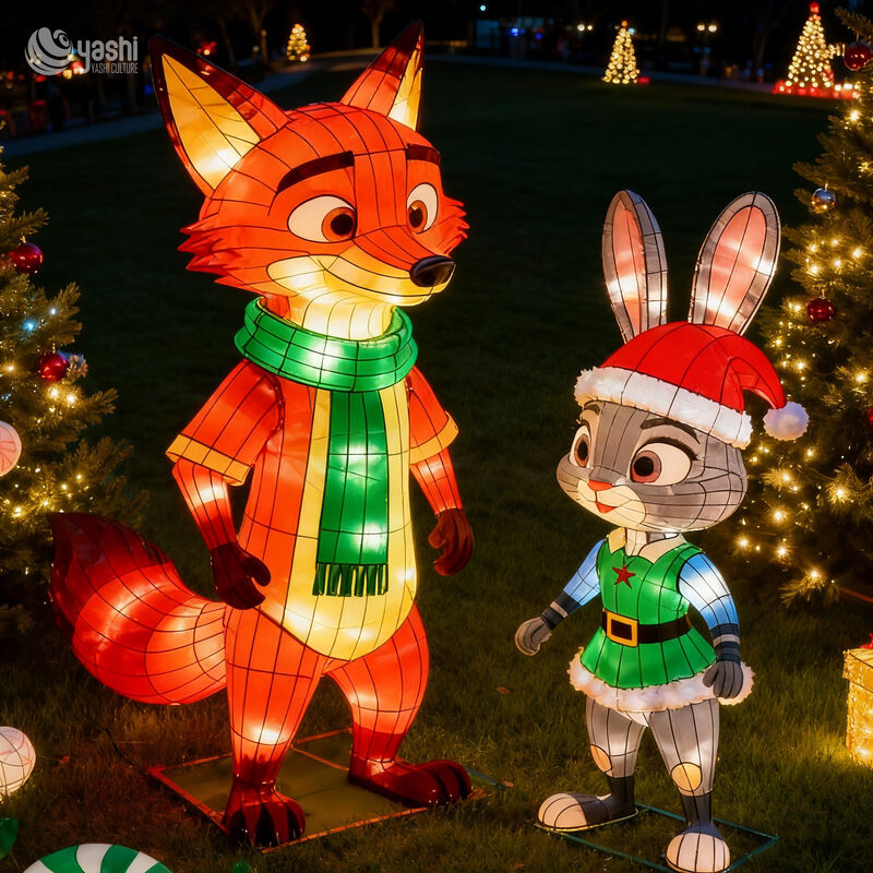 Custom Cartoon Fox & Rabbit Christmas LED Lantern Set, Character Light Sculptures for Christmas Theme Park Exhibition