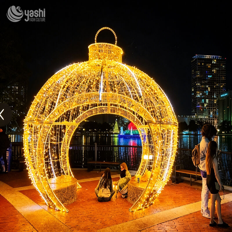 Custom Christmas Bauble LED Light Arch, Giant Open Ball Wire Frame Light Tunnel for Mall Holiday Light Exhibition