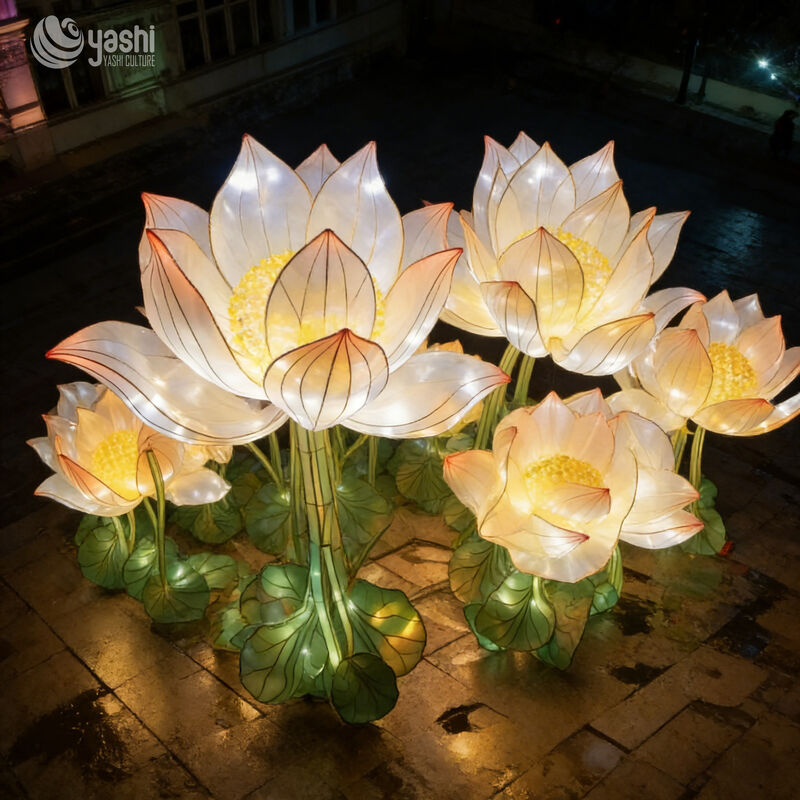 Benutzerdefinierter riesiger rosa Lotusblumen-LED-Laternen-Set, chinesische traditionelle Lotuslicht-Skulptur für kommerzielle Platzlichtshow