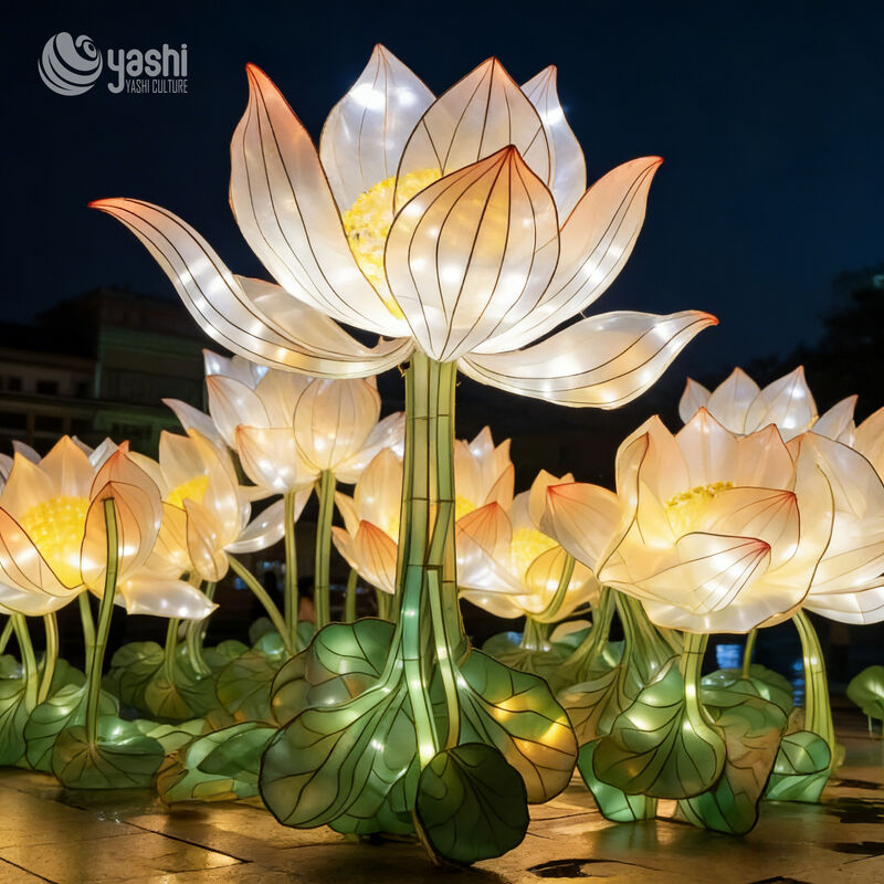 Benutzerdefinierter riesiger rosa Lotusblumen-LED-Laternen-Set, chinesische traditionelle Lotuslicht-Skulptur für kommerzielle Platzlichtshow