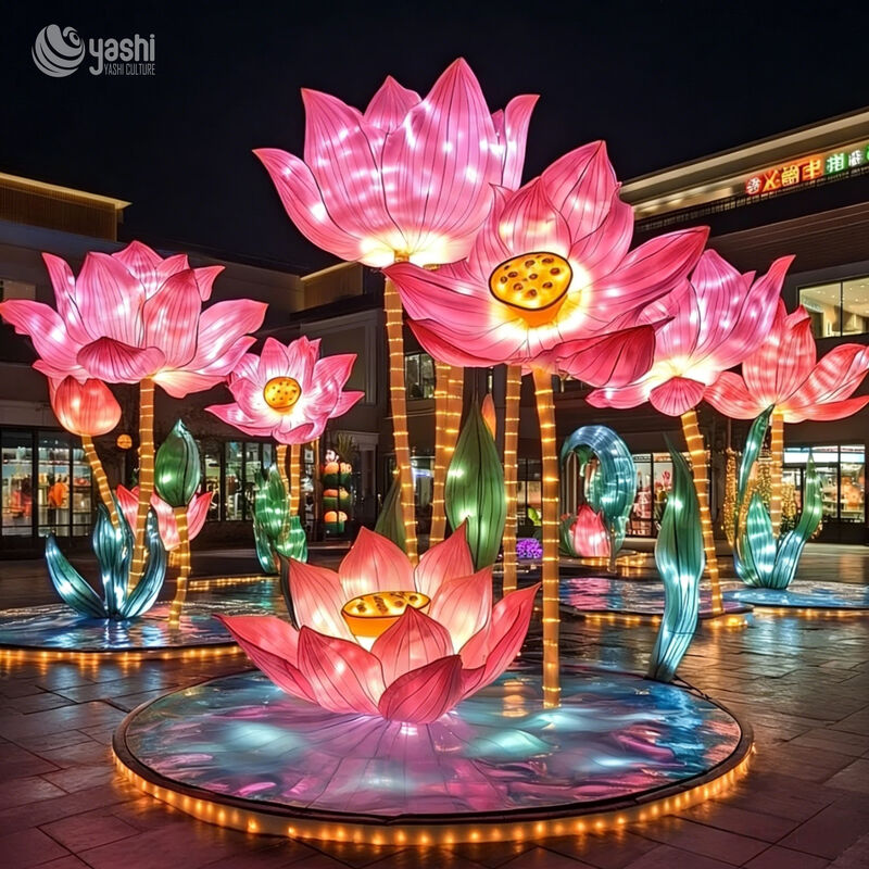 Benutzerdefinierter riesiger rosa Lotusblumen-LED-Laternen-Set, chinesische traditionelle Lotuslicht-Skulptur für kommerzielle Platzlichtshow