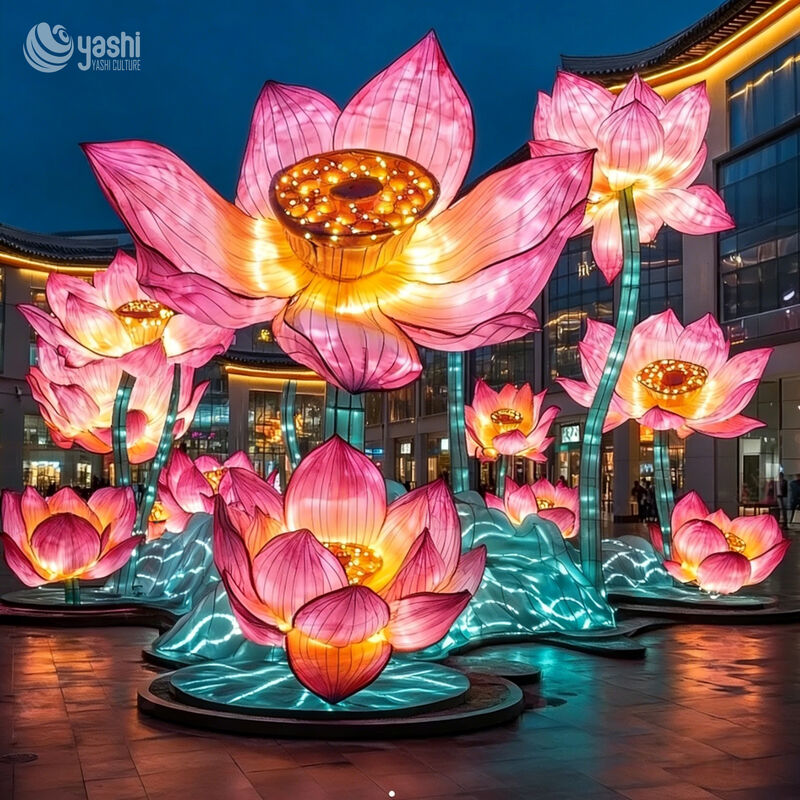 Benutzerdefinierter riesiger rosa Lotusblumen-LED-Laternen-Set, chinesische traditionelle Lotuslicht-Skulptur für kommerzielle Platzlichtshow