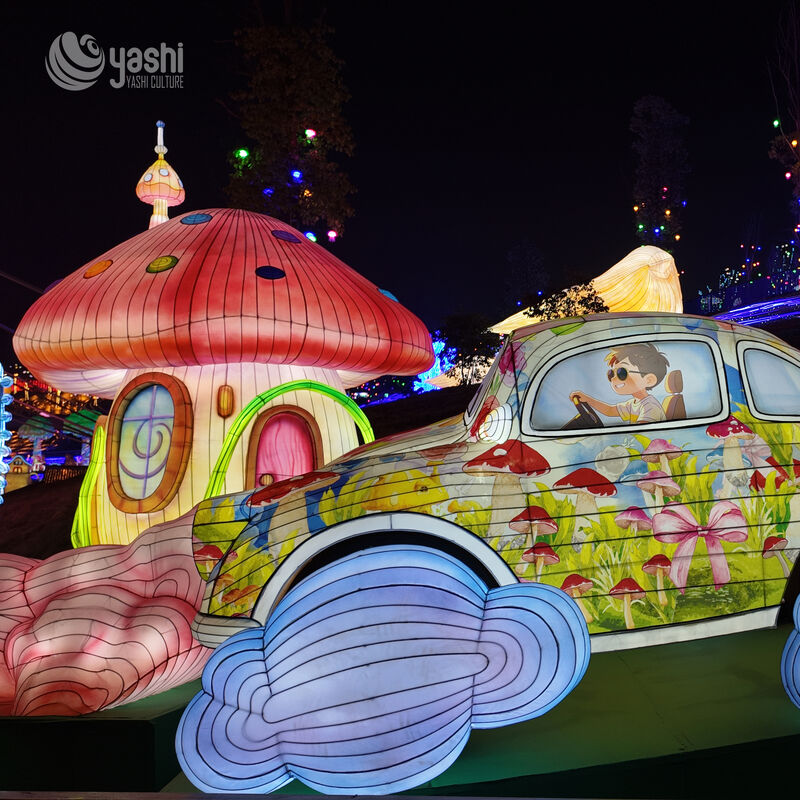 Custom Cute Cartoon Mushroom Lantern Group, Large LED Whimsical Character Mushroom Light Sculpture for Festival Display